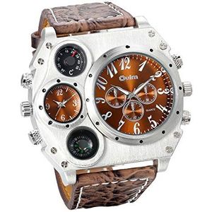 JewelryWe Herenhorloge, analoog, kwarts, kompas, thermometer, twee tijdzones, sporthorloge met leren armband en grote digitale wijzerplaat, vaderdagcadeau, bruin, Klassiek