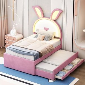 Idemon Kinderbed, gestoffeerd bed, 90 x 200 cm, fluwelen stof, multifunctionele gestoffeerde slaapbank voor eenpersoonsbed met uittrekbaar bed, opberglade en van kleur wisselend licht (roze)