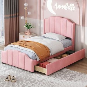 Merax Vloerbed voor meisjes, gestoffeerd bed, 90 x 200 cm, kinderbed, bedframe met 2 opbergladen met hoofdeinde, roze