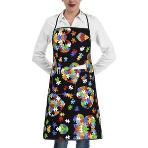 ZhaoYuGoods Vintage muzieknoot art schorten met zakken voor vrouwen, stijlvolle kookschorten voor keuken tuinieren salon, ideale print schort, Autisme bewustzijn puzzel stukjes hart, Eén maat