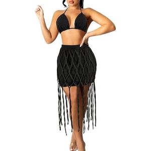 QOUERUUE Womens Sexy Denim 2-delige Outfit Strappy Beha Tube Top En Kwast Jeans Rok Set Y2K Zomer Feest Clubwear,zwart,L