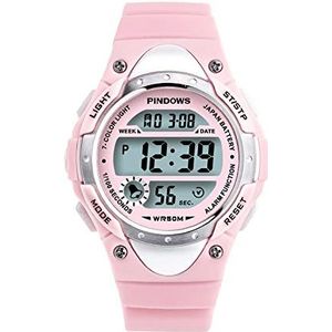 Sport Digital Kids Watch, 5ATM waterdicht horloge, multifunctioneel horloge voor 6-15 jaar oude jongensmeisjes, LED-achtergrondverlichting elektronische horloges, met alarm/timer/el licht,Roze