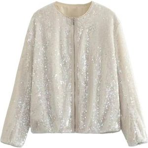 Dvbfufv Vrouwen O-hals Pailletten Bomber Jassen Vrouwen Herfst Mode Rits Lange Mouw Jassen Vrouwelijke Streetwear Tops Jassen, Wit, S
