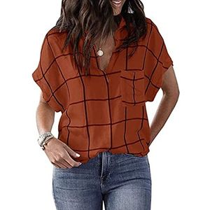 ROAMOGU Dames shirts losse tuniek tops voor dames dames shirt met korte mouwen blouse geruite zomertops dames V-hals shirts korte geruite print korte mouwen blouses zomer los casual met zakken, F-oranje, L