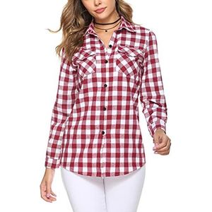 Irevial Geruite blouse voor dames, casual, button-down, lange mouwen, boyfriend-stijl, katoen, hemdblouse, plaid shirt voor lente en herfst, A-rood + wit, L