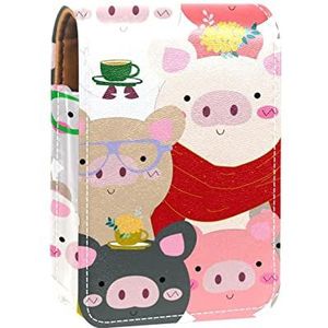 Make-up Lipstick Case voor Buiten Schattig Varken met Bril Roze Grijs Rood Draagbare Lippenstift Organizer met Spiegel Dames Mini Make-up Tas Neemt Tot 3 Lippenstift