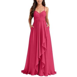 KURFACE Chiffon bruidsmeisjesjurk met split geplooide A-lijn bruidsmeisje formele avondjurk, roze (hot pink), 44