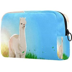 Lama Alpaca op het grasland Print Travel Cosmetische tas voor dames en meisjes, kleine make-uptas met rits en toilettas, Meerkleurig, 18.5x7.5x13cm/7.3x3x5.1in, Modieus