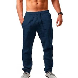 Linnen Broek Heren Zomer Baggy Broek Elastische Taillebroek Lichtgewicht Comfortabel Ademend Wijde Pijpen Broek Casual Zomerbroek Heren Linnen Katoenen Broek joggingbroek(Dark blue,M)