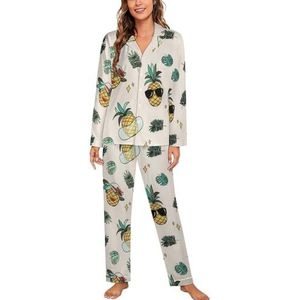 Ananas Patroon Vrouwen Lange Mouw Button Down Nachtkleding Zachte Nachtkleding Lounge Pyjama Set 2XL
