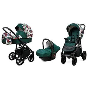 BabyLux Lux 3 in 1 Baby Reis Systeem Kinderwagen Autostoel Sushade Regenhoes Voetenzak Dragende Wielen Pasgeborene tot Baby Chili Flowers Black Frame