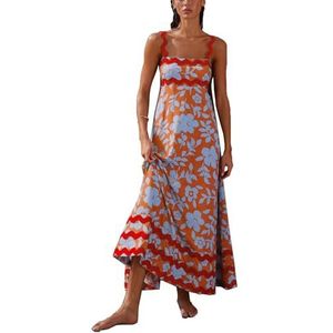 Dames zomer maxi-jurk casual boho mouwloze spaghettibandjes gesmokte lange strandzonjurken(Color:Orange B,Size:X-Large)