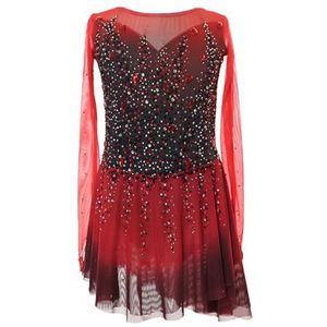 Kunstschaatsjurk for Tienermeisjes Met Mesh-panelen, Lange Mouwen, Schaatsjurk, Zeer Elastische Stof(4XL)