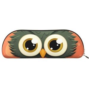 Etui Cartoon uil op Oranje Achtergrond Lederen Potlood Pouch Draagbare Briefpapier Organizer Potlood Houder Make-up Tas met Ritssluiting, Goud, Eén maat, Make-Up Pouch