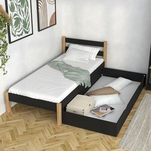 N-Wood N01 Eenpersoonsbed met lade houten 80x180, Gastenbed, Lattenbodem, Multifunctioneel onderschuifbed voor kinderen, tieners, seniorenbed, Afgeronde hoeken, Hoogwaardige materialen, Zwarte-eik