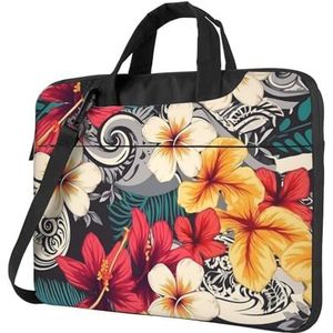 GFLFMXZW Kleurrijke Hawaiiaanse Patroon Print Laptop Tas Shockproof Laptop Schoudertas Draagbare Messenger Bag W/Handvat Aktetas, Zwart, 14 inch