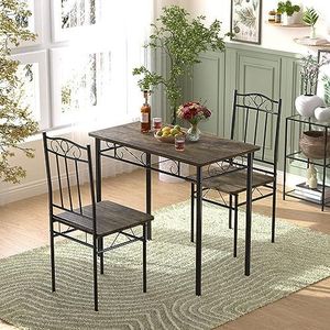 JAZZLYN Eettafelset met 2 stoelen, meubelset voor eetkamer, keuken, woonkamer, walnootnerf + zwart frame