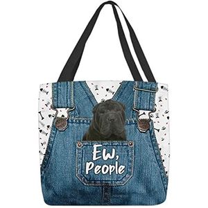 177 Tote Bag Ew People Black Shar Pei Dog On Denim Overall Botten Harten Poten Naadloze Shopper Tas Gepersonaliseerde Dagelijkse Tas Milieuvriendelijke Kunst Tas Voor Yoga, Vrouwen, Winkelen,