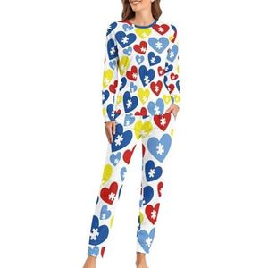 Autisme Awareness Love Heart Zachte damespyjama met lange mouwen, warme pasvorm, loungewear sets met zakken, XL