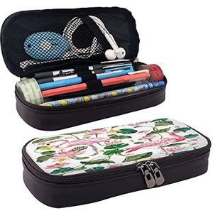 Grote Capaciteit Lederen Etui Kleurrijke Baksteen Briefpapier Potlood Tas Make-up Pouch Draagbare Kantoorbenodigdheden Tas voor Tieners Meisjes Volwassenen, Flamingo Vogel Ronde Bladeren, Leather pencil case, Schoonheid Case