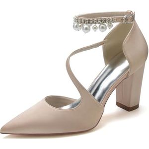 GHSIRUEU Vrouwen Gesloten Puntige Teen Hoge Hoge Hakken Pompen met parels enkelbandje Blokhak bruids zakelijke jurk schoenen,Champagne,41 EU