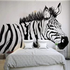 Handgetekende Eenvoudige Zwart Wit Zebra Dier 3D Behang Decoratief Zijden Look Studie Eetkamer Woonkamer Slaapkamer Bank TV Achtergrond Muur-150cm×105cm