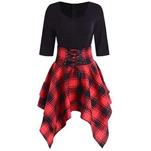 LRWEY Mode Vrouwen Casual O-hals Lace Up Tartan Plaid Print Asymmetrische Mini Jurk Vrouwen V-hals A-lijn Fit Flare Swing Party Rok, Rood, S