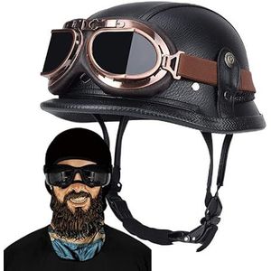 Motorhelm in vintage stijl, halfopen leer, met ECE-bril, vintage stijl, beschermt effectief de veiligheid van het hoofd voor scooters, fietshelm 55-65 cm (kleur: C1, maat: L (57 ~ 58 cm)