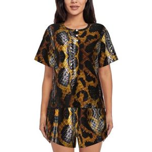 Gele Snake Print Womens Zomer Pyjama Sets Nachtkleding Dames Korte Mouw Nachtkleding Pjs Lounge Met Zakken, Zwart, XXL