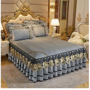 DUNSBY Bedrok luxe sprei op het bed bruiloft laken kant bed cover deken stof koning queen size bed rok met kussenslopen volant laken (kleur: grijs, maat: 3 stuks 180 x 220 cm)