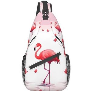 Schoudertas met verstelbare riem, witte zwaan, borstzak voor dames en heren, dagtas, wandelen, reizen, Mooie roze flamingo's, Eén Maat