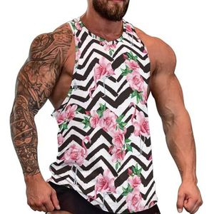 Tropische roze flamingo en roos bloem heren tanktop grafische mouwloze bodybuilding T-shirts casual strand T-shirt grappige sportschool spier