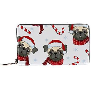 Vrouwen Zip Rond Portemonnee en Telefoon Clutch, Pug Hond met Hoed & Candy Riet Patroon, Reizen Portemonnee Lederen Clutch Bag Kaarthouder Organizer Polsjes Portefeuilles, Meerkleurig, 8.07x1x4.53 in