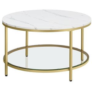 Vasagle LCT071W59 Salontafel, woonkamertafel, voor woonkamer, met glazen blad, veel opbergruimte, eenvoudige montage, moderne stijl, marmeren wit-licht goud