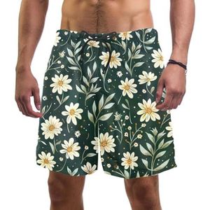 PAFEFO Nieuwigheid boardshorts voor heren, strandvakantie, feest, sneldrogende badpakken met groene mini-bloemen, madeliefjesprint ontwerpen, Groene Mini Bloemen Madeliefjesprint, M