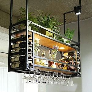 NileMAll Wijnrek met verlichting, plafondflessenhouder van metaal, wijnopbergstandaard in vintage-stijl met glazen standaard voor onderkast, keuken, bar