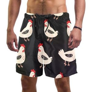 PAFEFO Nieuwigheid boardshorts voor heren, strandvakantie, feest, sneldrogende badpakken met grappige schattige witte kippenontwerpen, Grappige Leuke Witte Kip, L