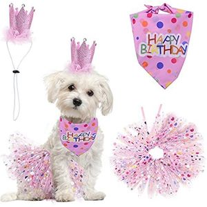 HACRAHO Hondenverjaardagsfeestbenodigdheden, 3 stuks hond verjaardag bandana met hoed en jurk meisje set Happy Birthday hond bandana voor kleine middelgrote honden, roze
