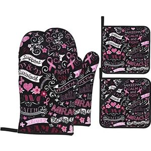 4 stuks ovenwanten en pannenlappen set roze lint borstkanker bewustzijn magnetron handschoenen antislip handschoen bakken duurzame ovenhandschoenen voor grillen, bakken barbecue, koken