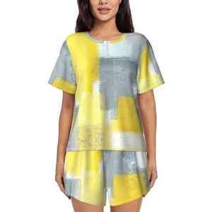 RIVETECH Grijze en gele abstracte kunst schilderij print dames pyjama met korte mouwen set - comfortabele korte sets, mouwen nachtkleding met zakken, Zwart, XL