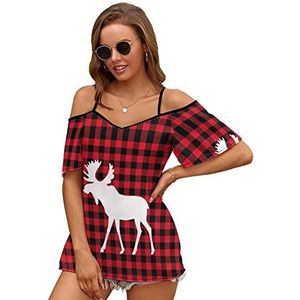 Moose Buffalo Plaid Set Vrouwen Blouse Koude Schouder Korte Mouw Jurk Tops T-shirts Casual T-shirt S