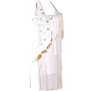 Danskostuums Strass Latijnse jurk Latin Dance Dress Professional Performance Competition Kostuum Kwastje Stijl Rumba Samba Rok (Color : White, Maat : XL)
