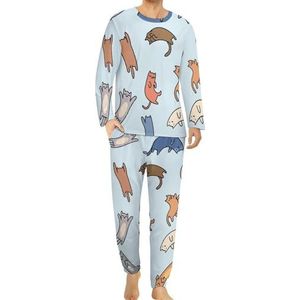 Doodle Sketchy Huisdier Katten Comfortabele Heren Pyjama Set Ronde Hals Lange Mouw Loungewear met Zakken 2XL