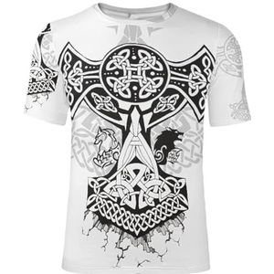 Nordic Thor's Hammer Yggdrasil Tattoo T-shirt, Unisex Viking 3D Odin Crow Fenrir Wolf Rune Print Korte Mouw, Zomer Strand Casual Harajuku Pagan T-shirt (Color : Viking 3, Size : 4XL)