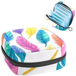 Vogel veren op kleurrijke kleuren maandverband opbergtas, grote menstruatie cup zakje met rits, menstruatie pads tas winkel panty voeringen tampons voor meisjes vrouwen