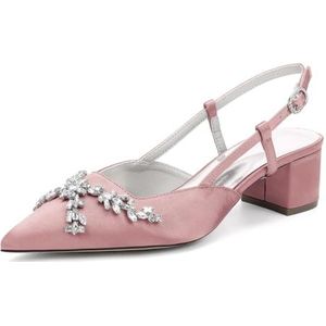 GHSIRUEU Dames pumps met puntige neus, blokhak, slingback, slip-on, lage, middelhoge hak, satijnen bruiloftsschoenen met strass,Roze,35 EU
