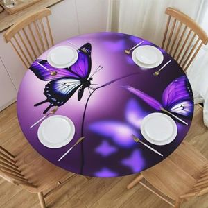 Paars rond tafelkleed met vlinderpatroon, waterdicht en afveegbaar met elastische randen, geschikt voor het decoreren van ronde tafels.