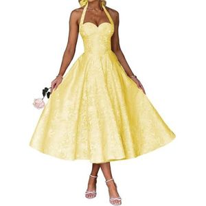 AHERKLL Spaghetti Bandjes Bruidsmeisjes Jurken Jacquard Satijn Halter Formele Avond Feest Maxi Jurk HAH046, Geel, 32
