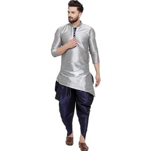 Lakkar Haveli Mannen Pakistaanse traditionele zilveren shirt Kurta Trail Cut bruiloft partij dragen grote lange blauwe Dhoti broek set zijde, zilver, S