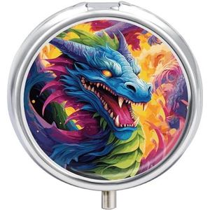 Ronde metalen pillendoos, kleurrijk van draken, bedrukte reispillenorganisator, draagbare pillencontainer, kleine pillendoos voor portemonnee en zak voor het bewaren van vitamines, medicijnen en